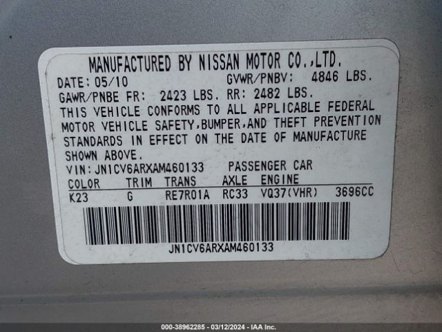 Photo 8 VIN: JN1CV6ARXAM460133 - INFINITI G37X 