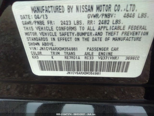 Photo 8 VIN: JN1CV6ARXDM354981 - INFINITI G37 SEDAN 