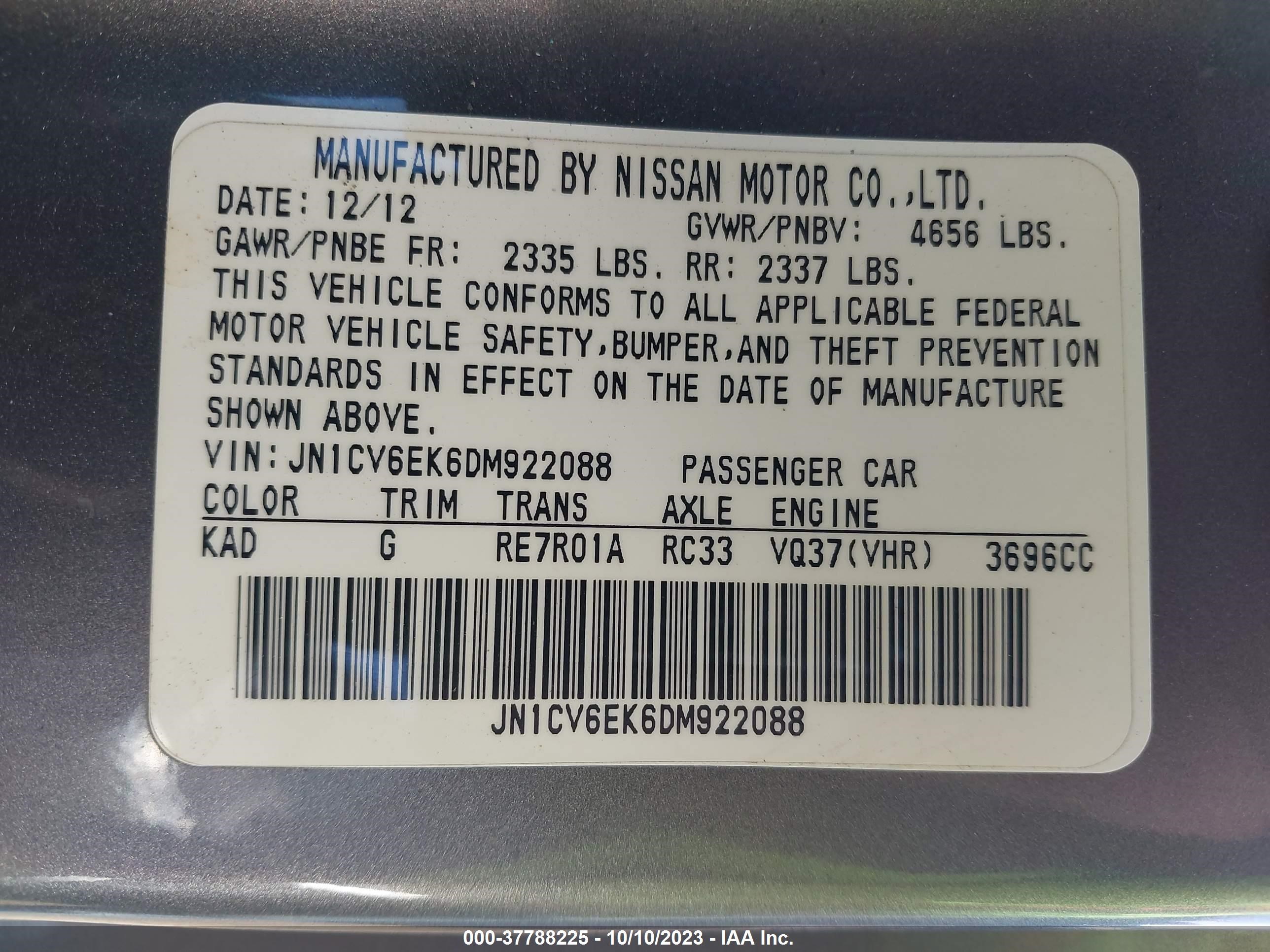 Photo 8 VIN: JN1CV6EK6DM922088 - INFINITI G 