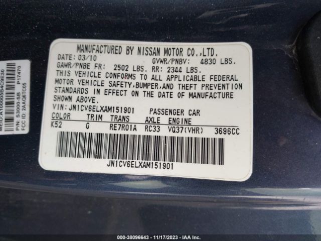 Photo 8 VIN: JN1CV6ELXAM151901 - INFINITI G37X 