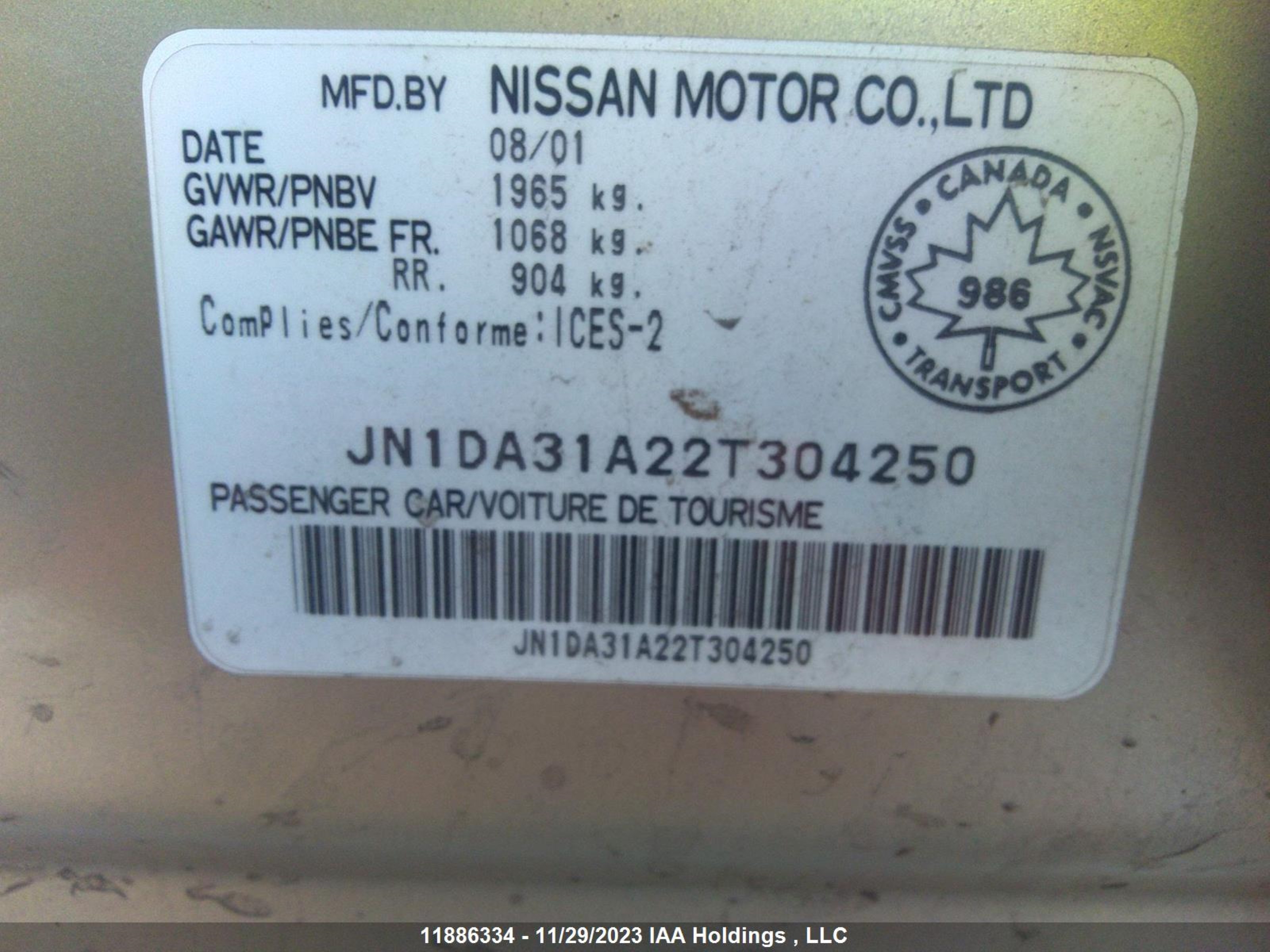 Photo 8 VIN: JN1DA31A22T304250 - NISSAN MAXIMA 