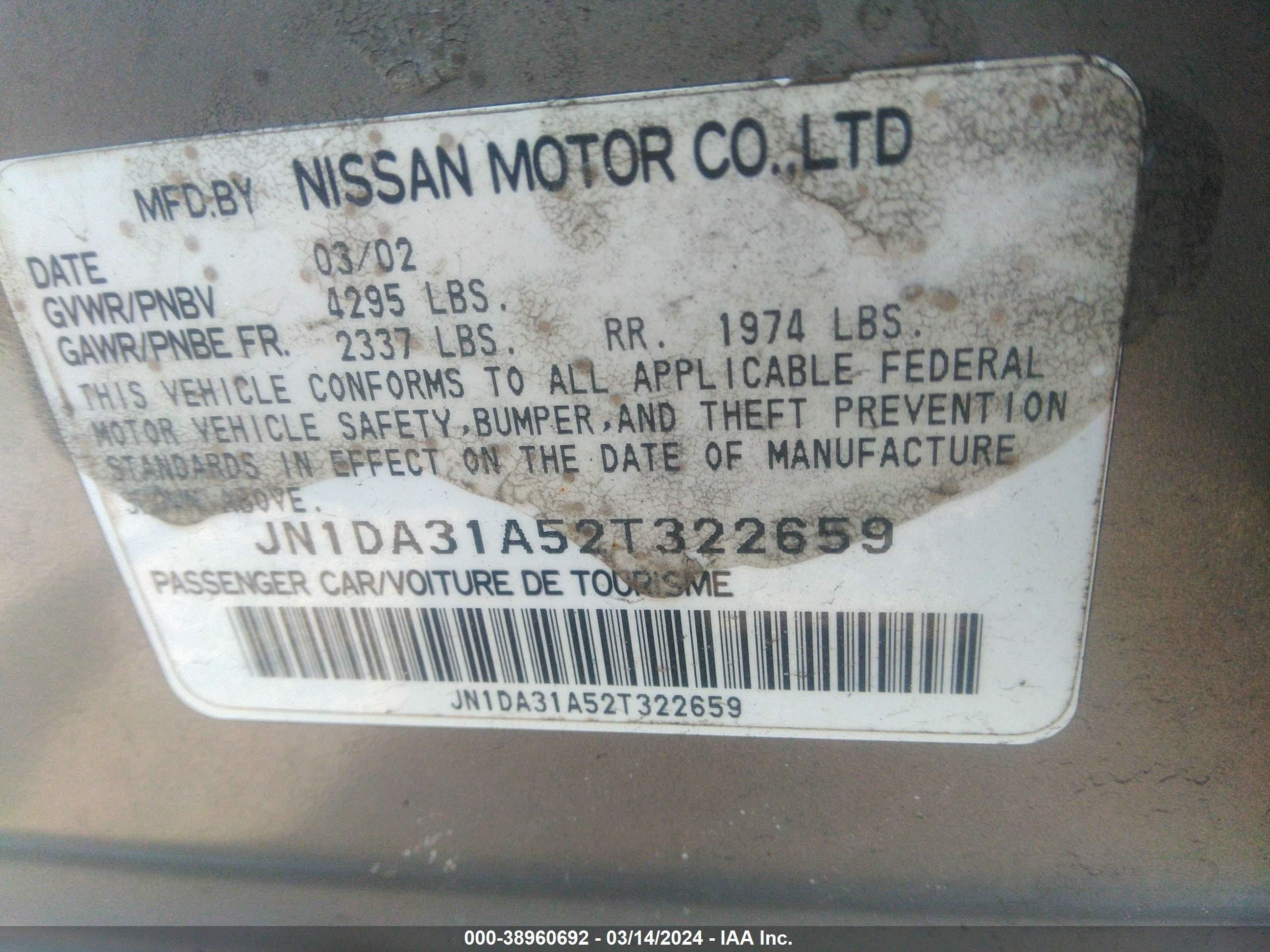 Photo 8 VIN: JN1DA31A52T322659 - NISSAN MAXIMA 