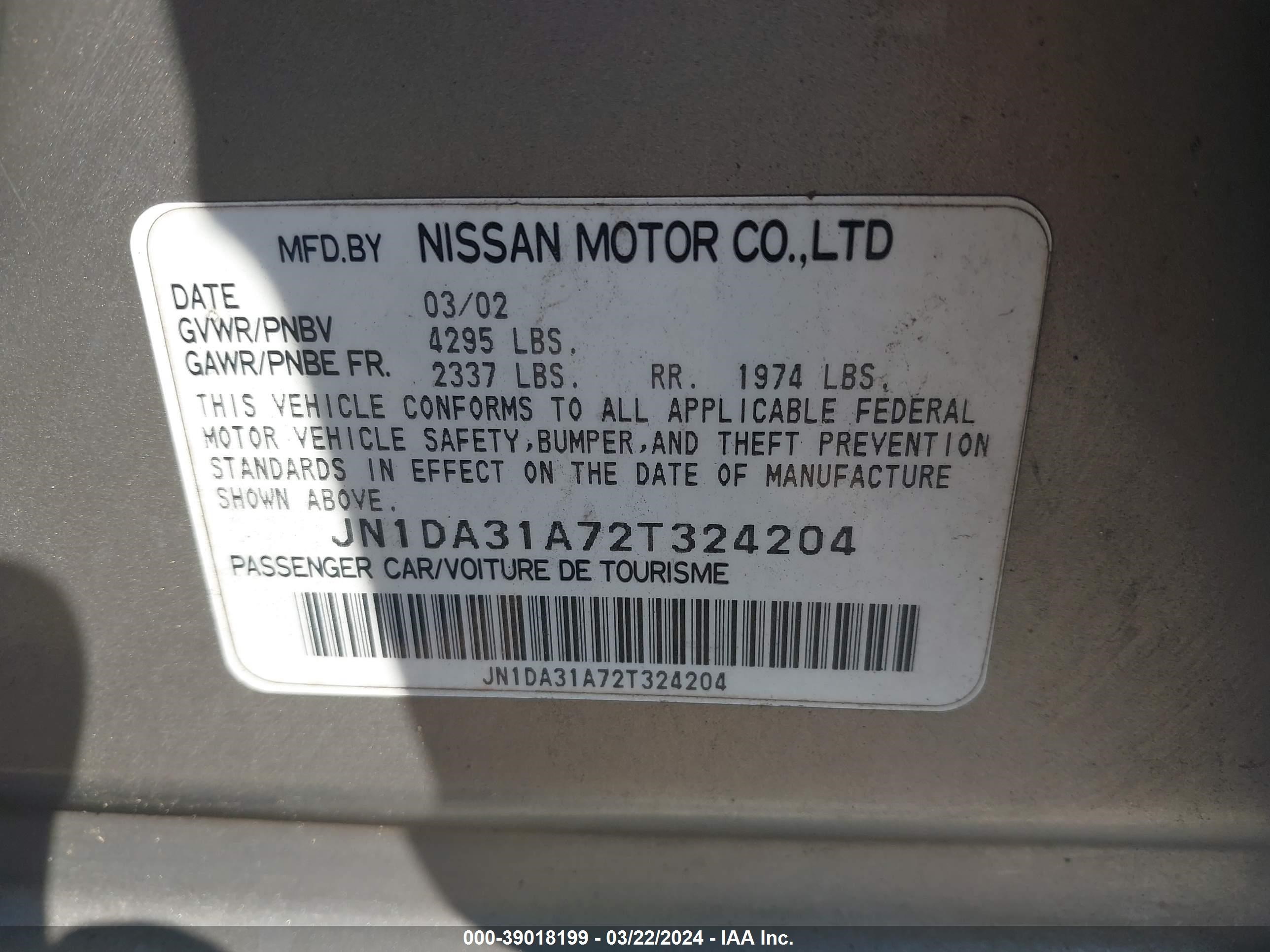 Photo 8 VIN: JN1DA31A72T324204 - NISSAN MAXIMA 