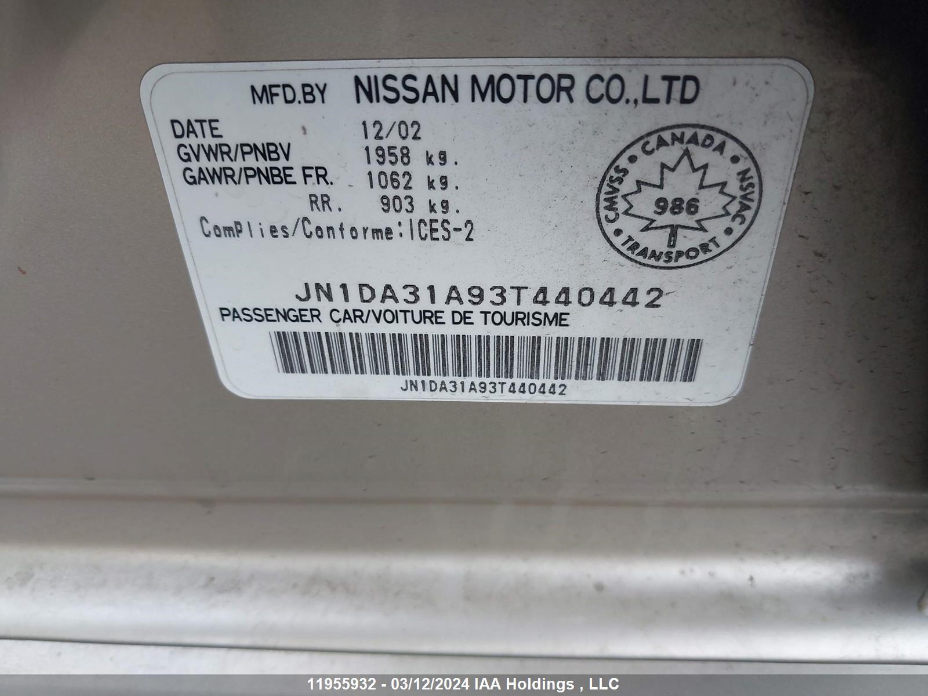 Photo 8 VIN: JN1DA31A93T440442 - NISSAN MAXIMA 