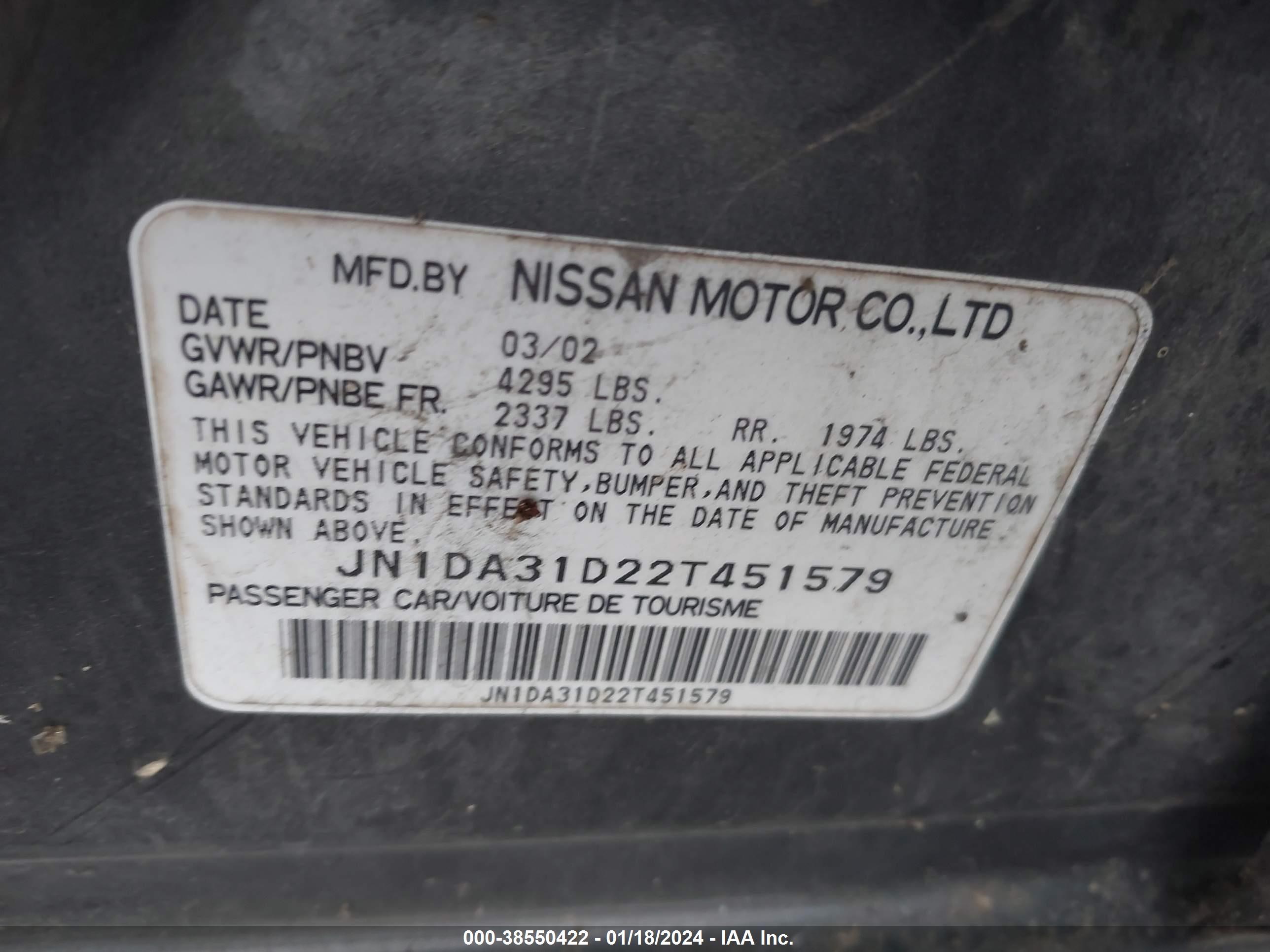 Photo 8 VIN: JN1DA31D22T451579 - NISSAN MAXIMA 