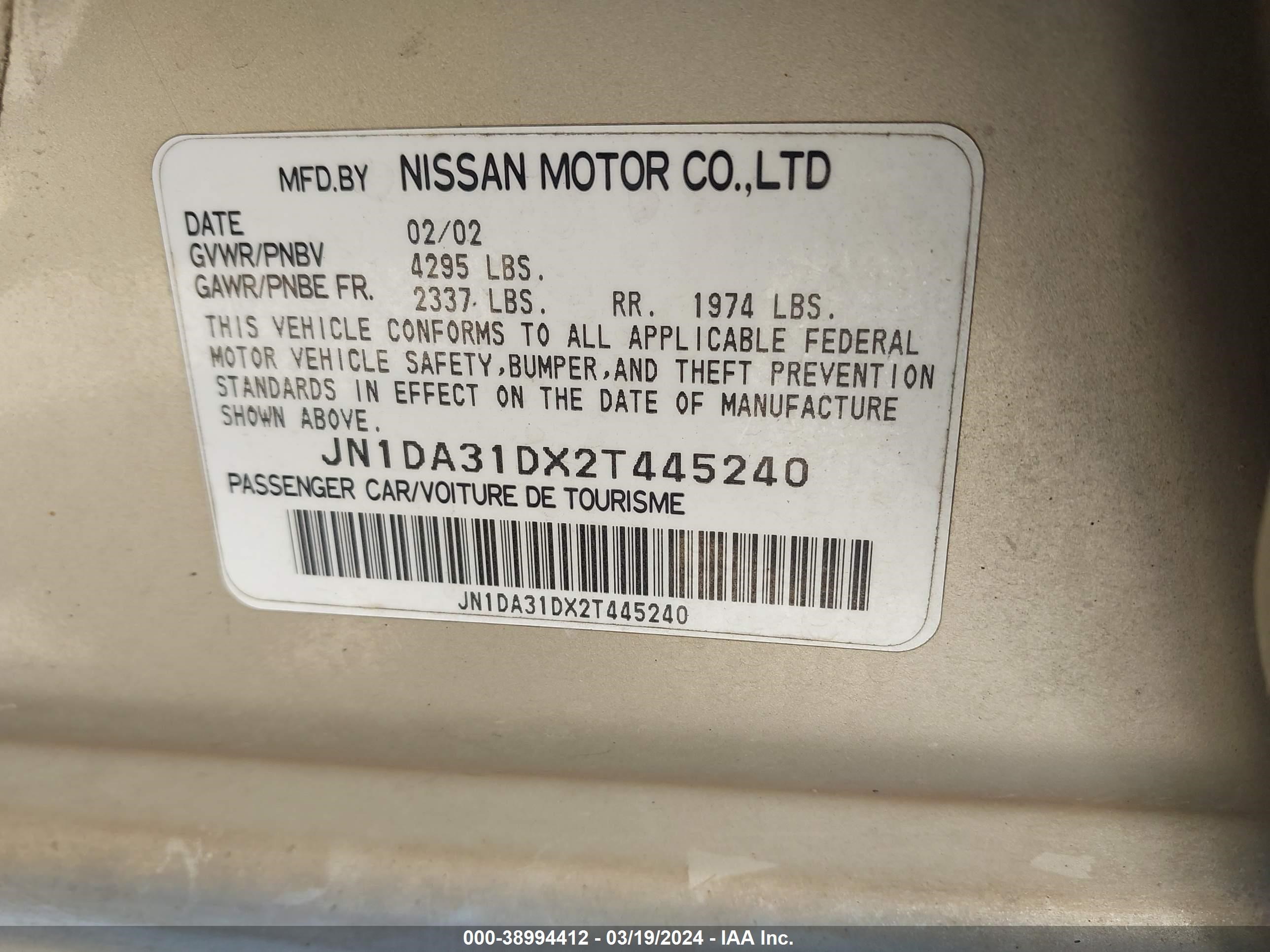 Photo 8 VIN: JN1DA31DX2T445240 - NISSAN MAXIMA 