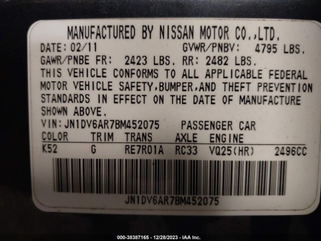 Photo 8 VIN: JN1DV6AR7BM452075 - INFINITI G25X 