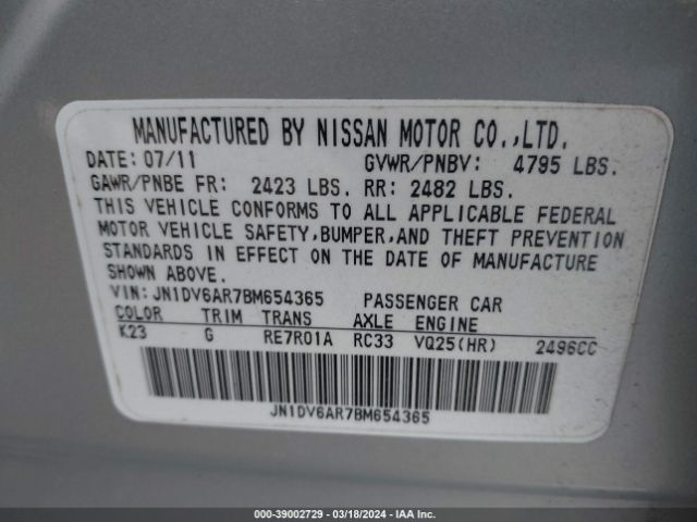 Photo 8 VIN: JN1DV6AR7BM654365 - INFINITI G25X 