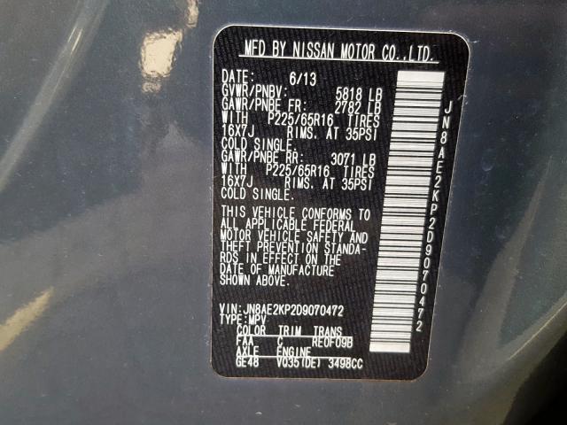 Photo 9 VIN: JN8AE2KP2D9070472 - NISSAN QUEST S 