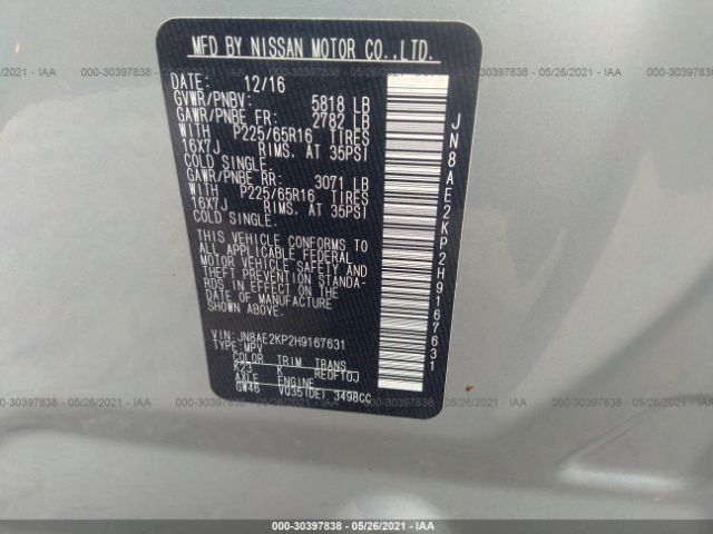 Photo 8 VIN: JN8AE2KP2H9167631 - NISSAN QUEST 