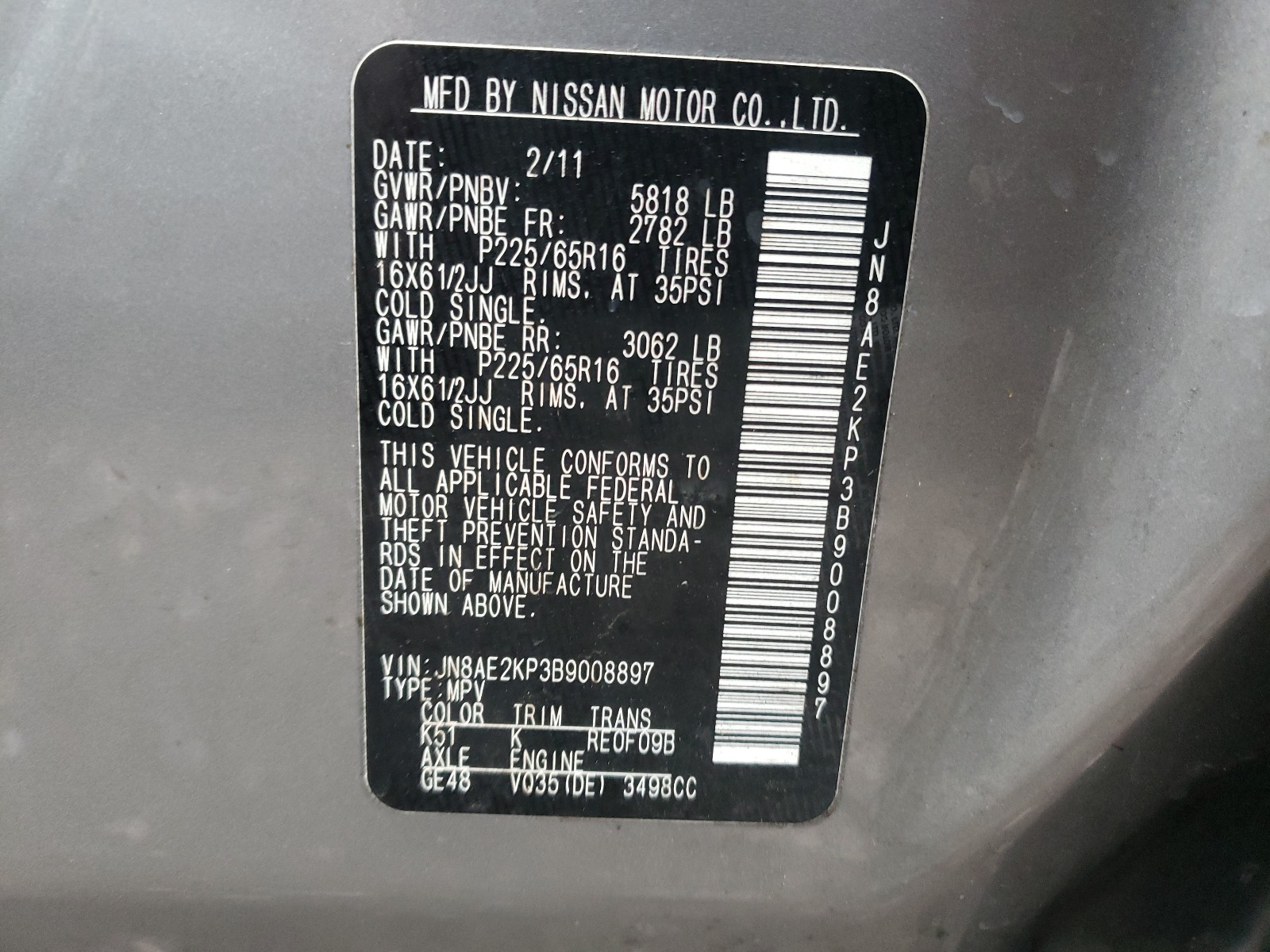 Photo 9 VIN: JN8AE2KP3B9008897 - NISSAN QUEST S 