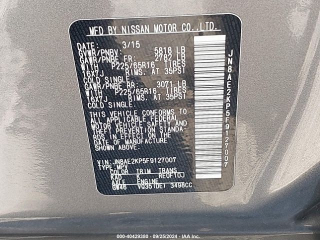 Photo 8 VIN: JN8AE2KP5F9127007 - NISSAN QUEST 