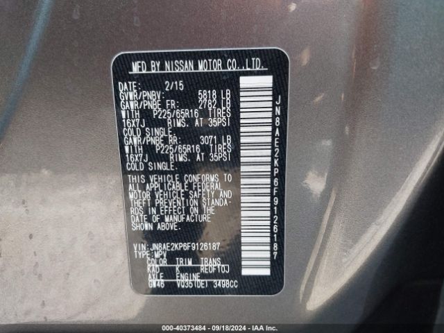 Photo 8 VIN: JN8AE2KP6F9126187 - NISSAN QUEST 