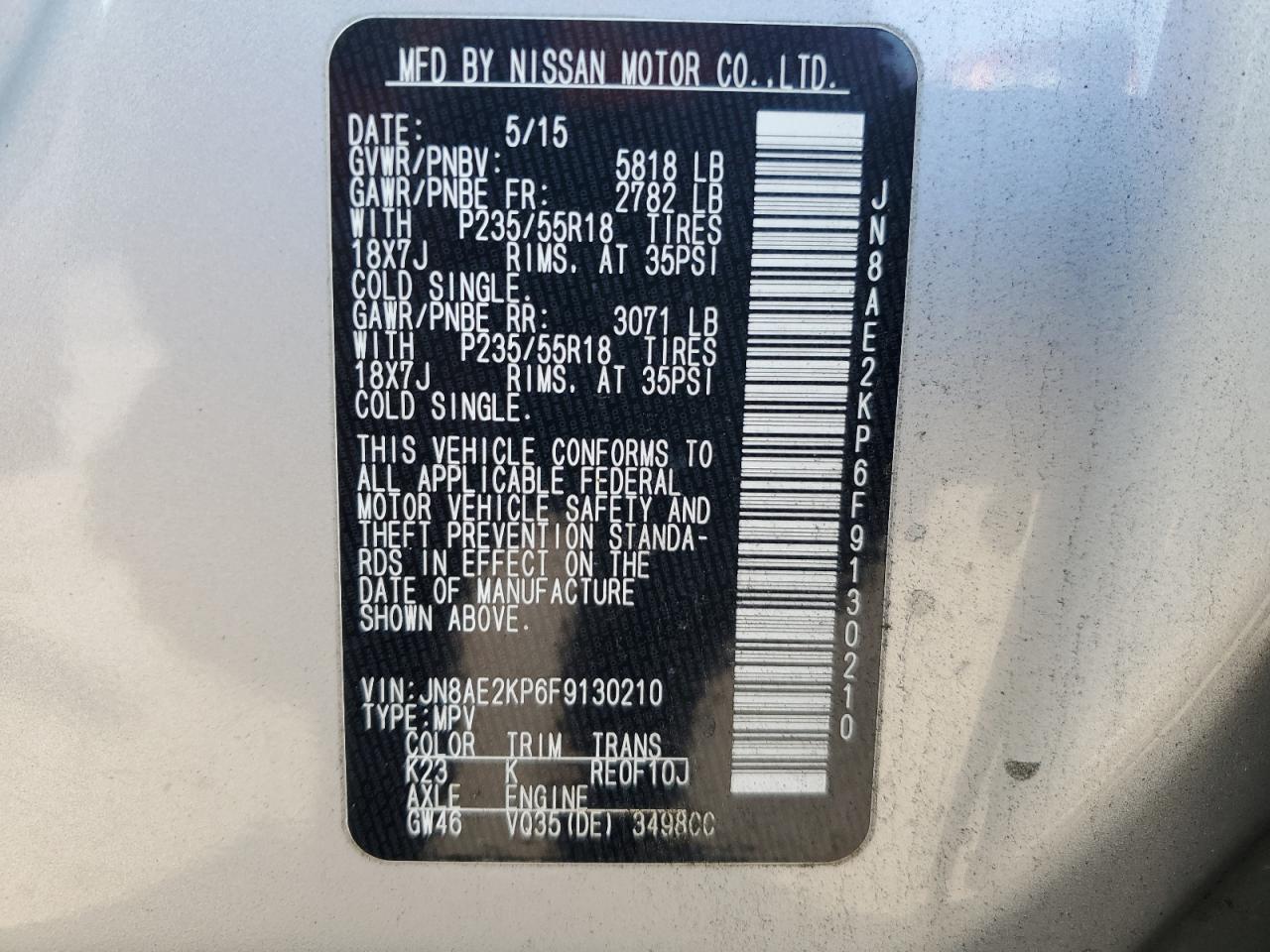 Photo 12 VIN: JN8AE2KP6F9130210 - NISSAN QUEST 