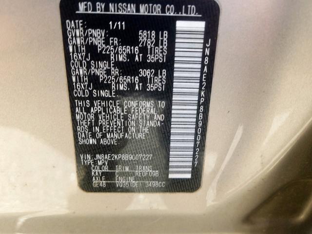 Photo 9 VIN: JN8AE2KP8B9007227 - NISSAN QUEST S 