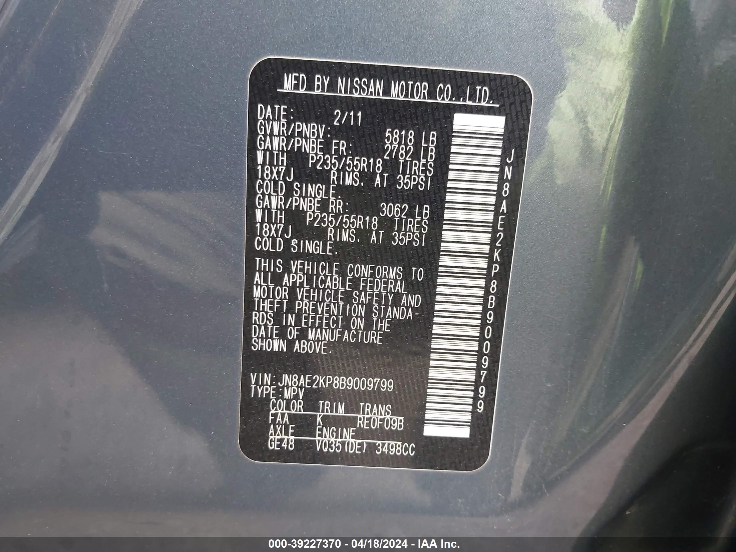 Photo 8 VIN: JN8AE2KP8B9009799 - NISSAN QUEST 