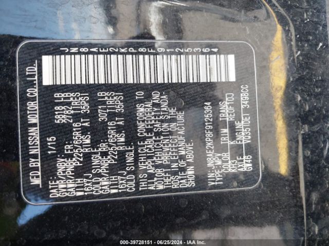 Photo 8 VIN: JN8AE2KP8F9125364 - NISSAN QUEST 