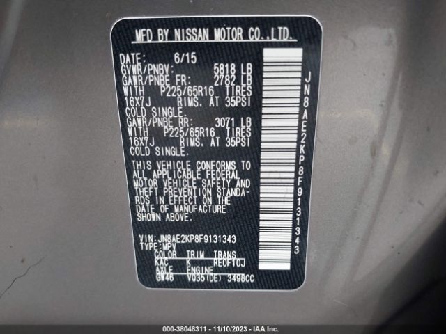 Photo 8 VIN: JN8AE2KP8F9131343 - NISSAN QUEST 