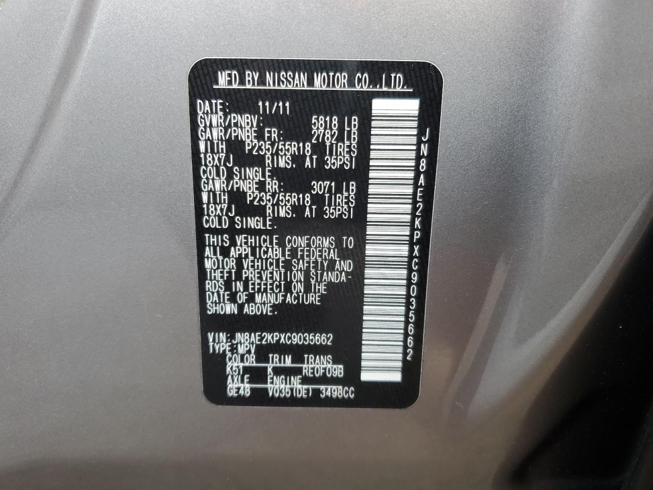 Photo 12 VIN: JN8AE2KPXC9035662 - NISSAN QUEST 