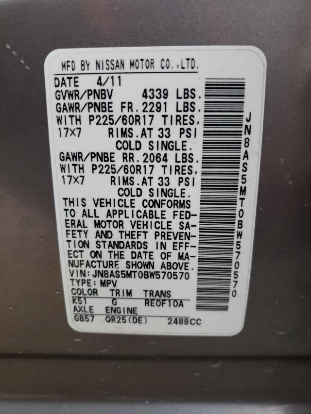 Photo 9 VIN: JN8AS5MT0BW570570 - NISSAN ROGUE S 