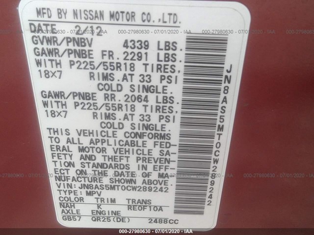 Photo 8 VIN: JN8AS5MT0CW289242 - NISSAN ROGUE 