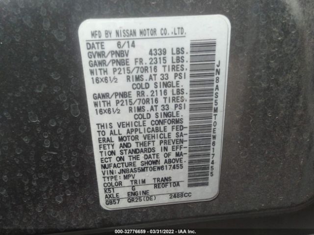 Photo 8 VIN: JN8AS5MT0EW617455 - NISSAN ROGUE SELECT 