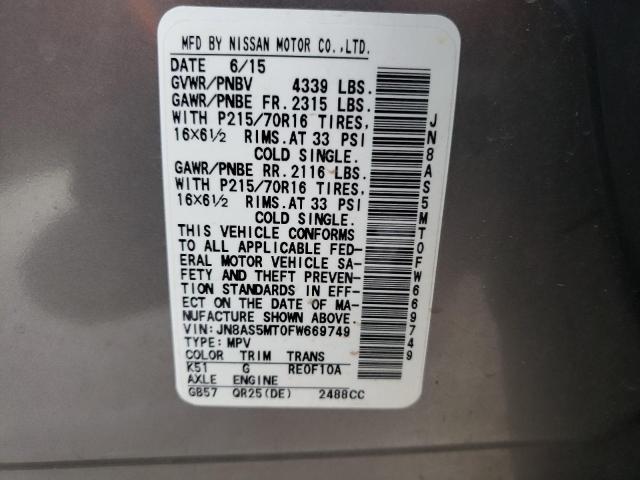 Photo 9 VIN: JN8AS5MT0FW669749 - NISSAN ROGUE SELE 