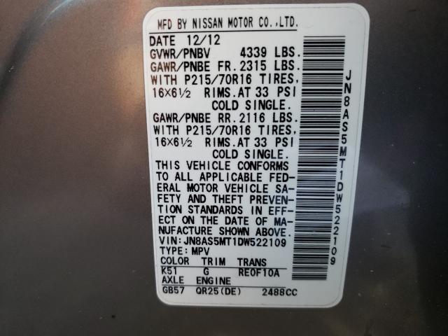 Photo 9 VIN: JN8AS5MT1DW522109 - NISSAN ROGUE S 