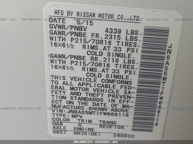 Photo 8 VIN: JN8AS5MT1FW666116 - NISSAN ROGUE SELECT 