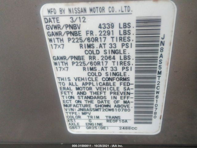 Photo 8 VIN: JN8AS5MT2CW610780 - NISSAN ROGUE 