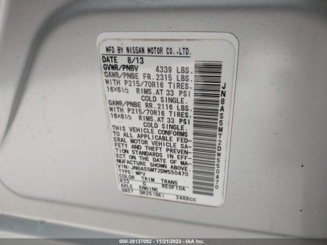 Photo 8 VIN: JN8AS5MT2DW550470 - NISSAN ROGUE 