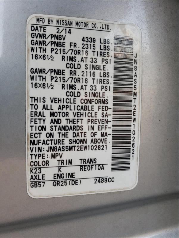 Photo 9 VIN: JN8AS5MT2EW102621 - NISSAN ROGUE SELE 