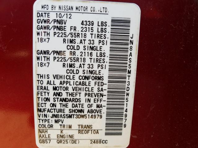 Photo 9 VIN: JN8AS5MT3DW514979 - NISSAN ROGUE 