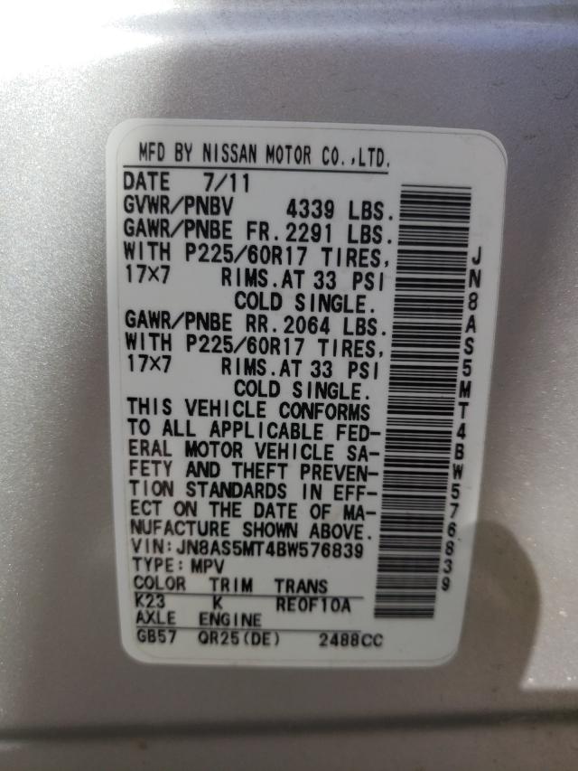 Photo 9 VIN: JN8AS5MT4BW576839 - NISSAN ROGUE S 