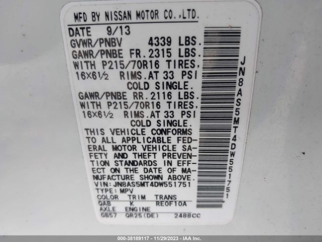 Photo 8 VIN: JN8AS5MT4DW551751 - NISSAN ROGUE 