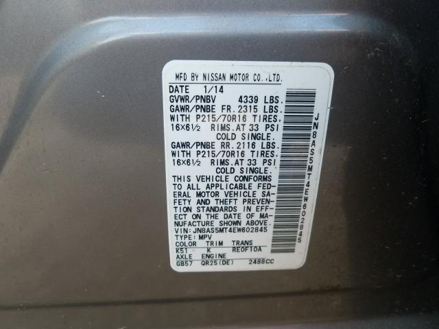 Photo 9 VIN: JN8AS5MT4EW602845 - NISSAN ROGUE SELE 