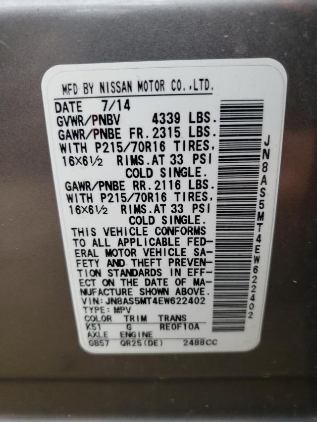 Photo 9 VIN: JN8AS5MT4EW622402 - NISSAN ROGUE SELE 