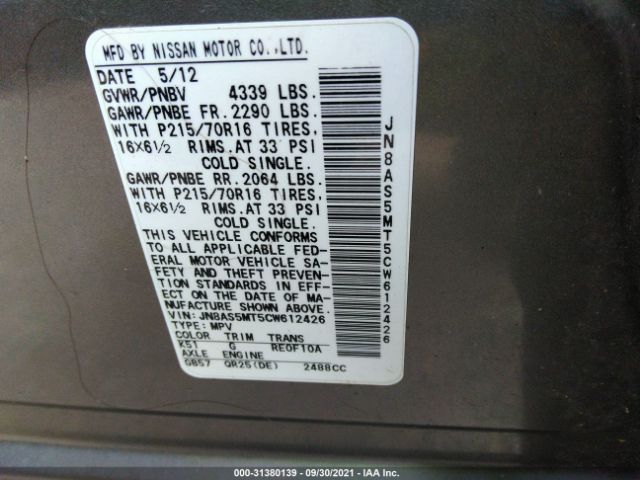 Photo 8 VIN: JN8AS5MT5CW612426 - NISSAN ROGUE 