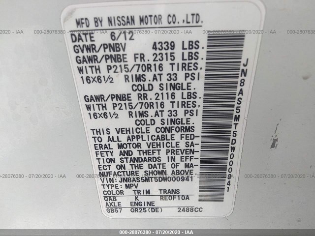 Photo 8 VIN: JN8AS5MT5DW000941 - NISSAN ROGUE 