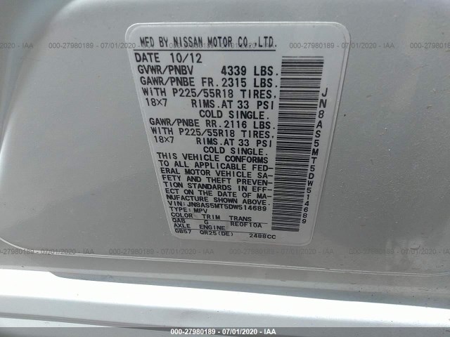 Photo 8 VIN: JN8AS5MT5DW514689 - NISSAN ROGUE 