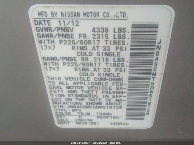 Photo 8 VIN: JN8AS5MT5DW518726 - NISSAN ROGUE 