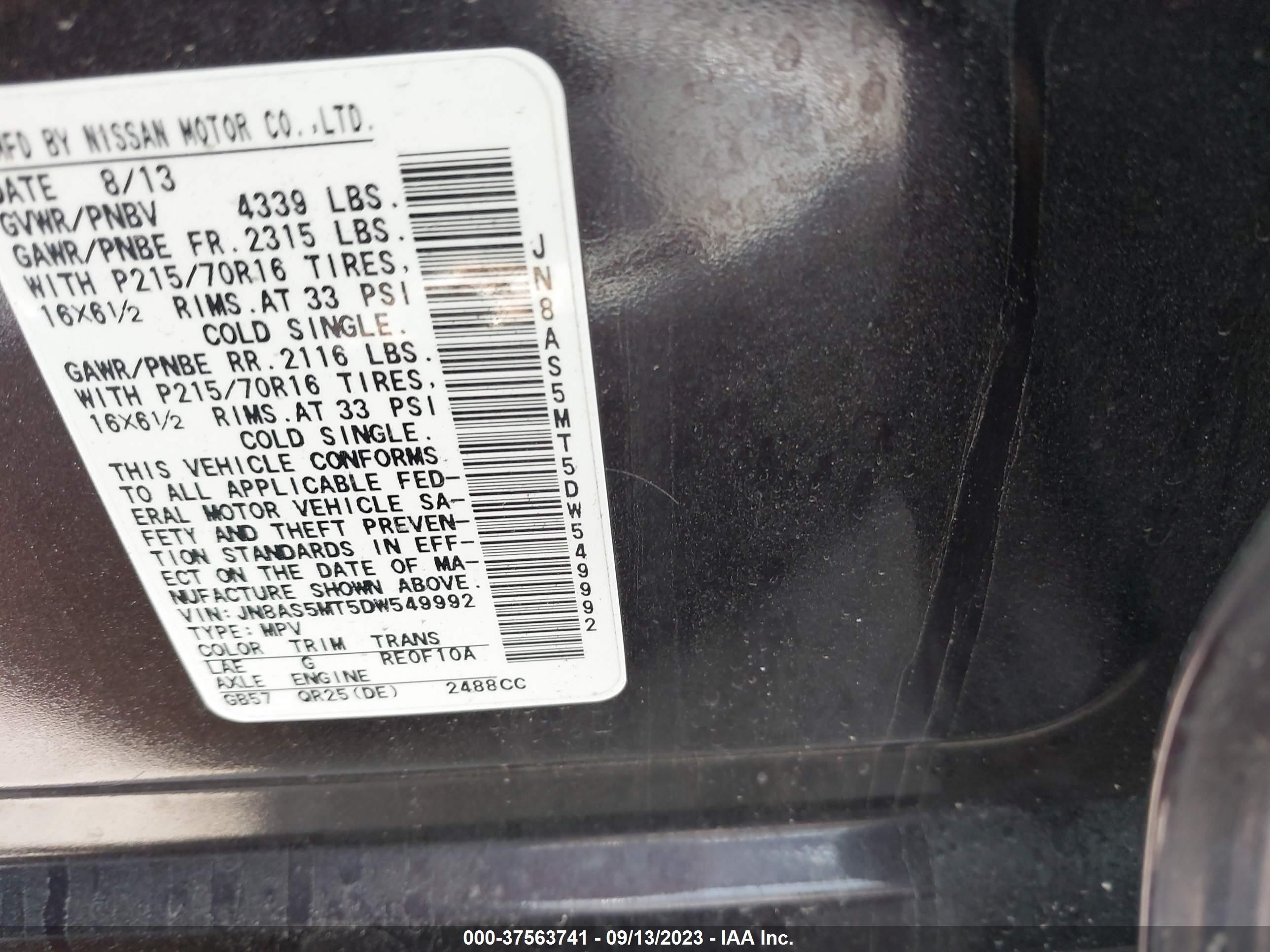 Photo 8 VIN: JN8AS5MT5DW549992 - NISSAN ROGUE 