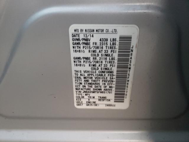 Photo 9 VIN: JN8AS5MT5FW651781 - NISSAN ROGUE SELE 