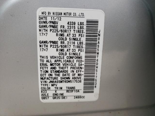 Photo 9 VIN: JN8AS5MT6DW517536 - NISSAN ROGUE S 