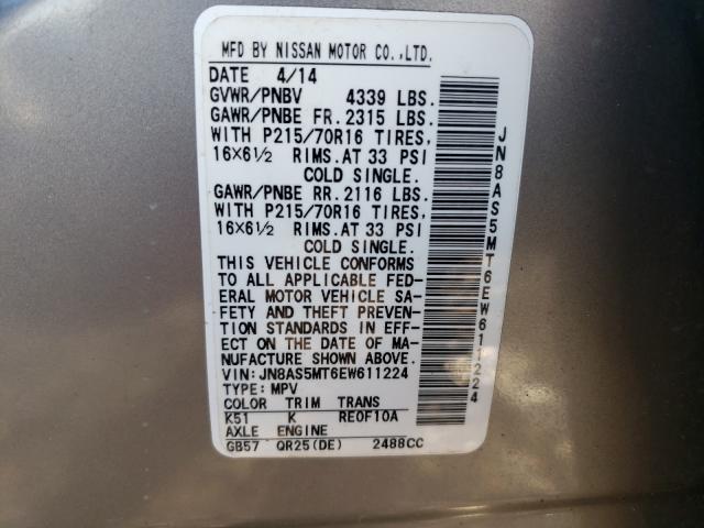 Photo 9 VIN: JN8AS5MT6EW611224 - NISSAN ROGUE SELE 