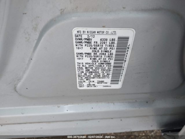 Photo 8 VIN: JN8AS5MT7CW289173 - NISSAN ROGUE 