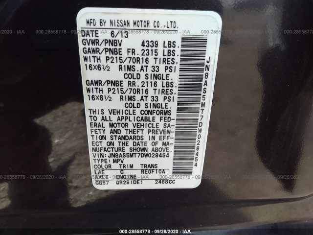 Photo 8 VIN: JN8AS5MT7DW029454 - NISSAN ROGUE 