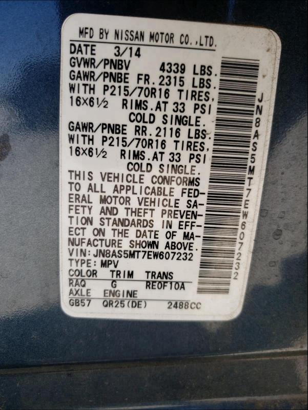 Photo 9 VIN: JN8AS5MT7EW607232 - NISSAN ROGUE SELE 