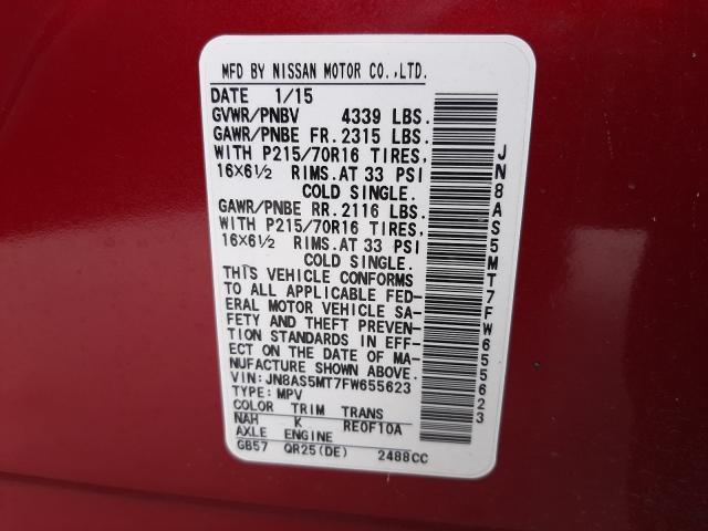 Photo 9 VIN: JN8AS5MT7FW655623 - NISSAN ROGUE SELE 