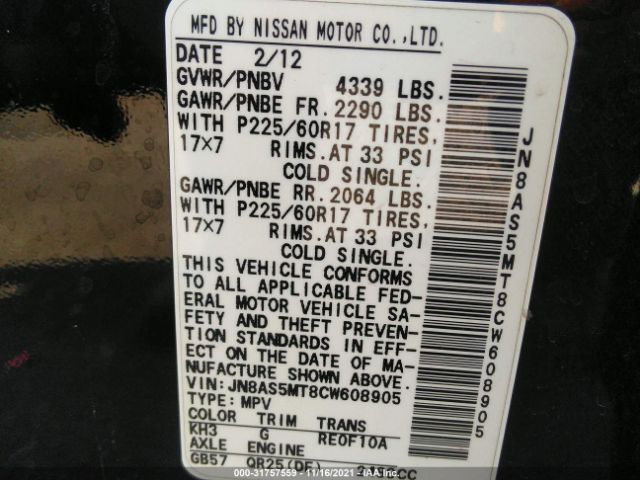 Photo 8 VIN: JN8AS5MT8CW608905 - NISSAN ROGUE 